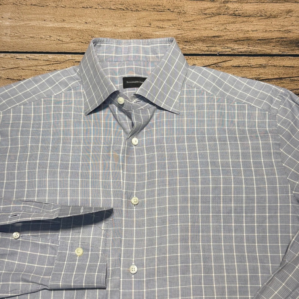 Ermenegildo Zegna Dress Shirt Mens 16 41 Blue White Check Regular Fit Luxury - Picture 3 of 8